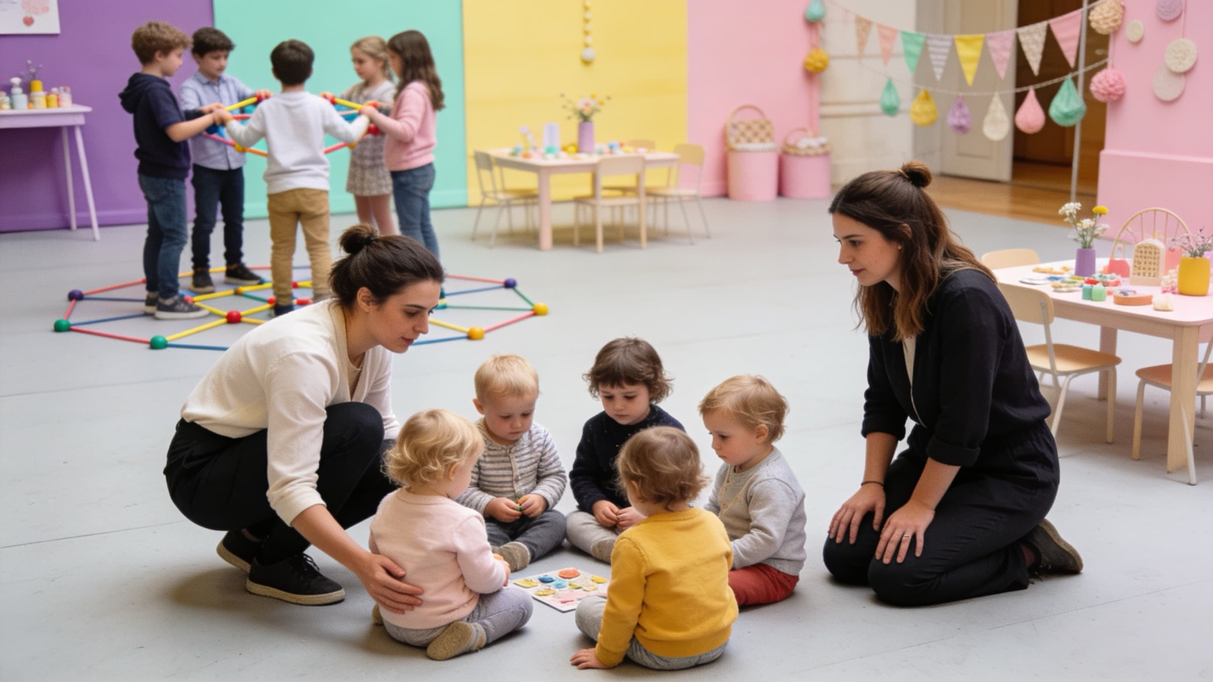 Deux animatrices accroupies au sol avec cinq tout-petits autour d’un jeu, tandis qu’un groupe d’enfants plus grands fait un jeu coopératif au fond de la salle