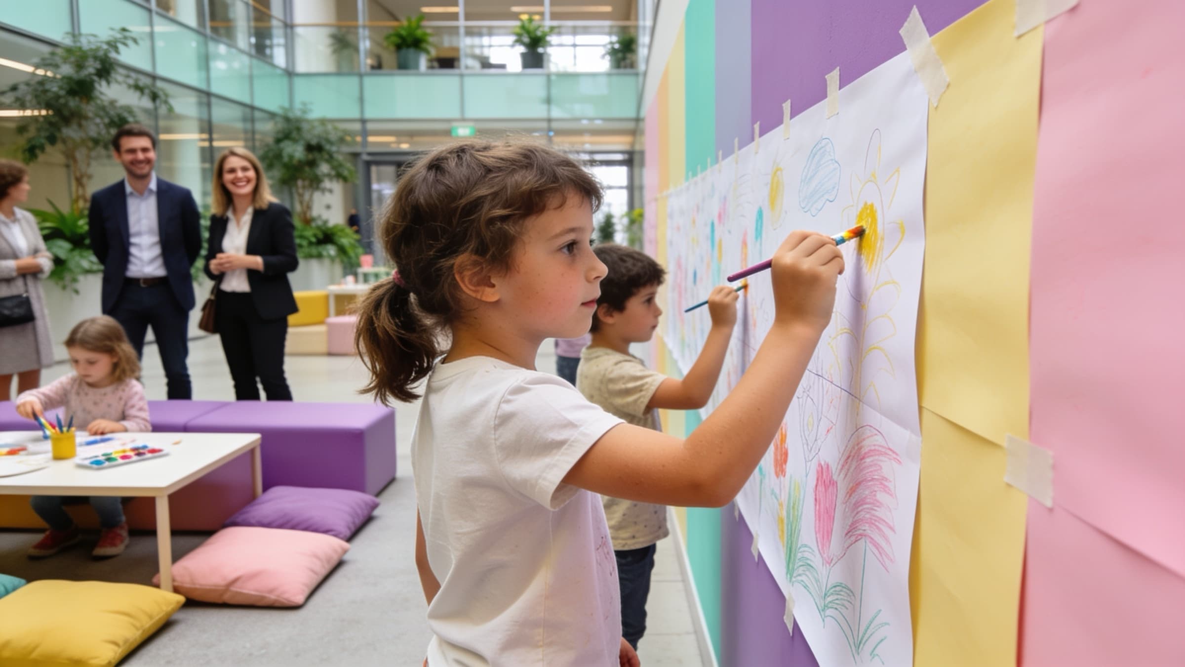 Enfants peignant une fresque collective dans l’atrium d’une entreprise
