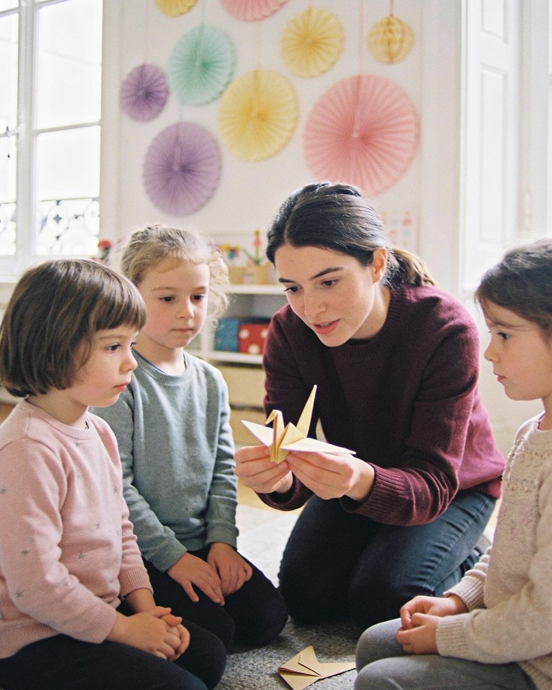 Une animatrice accroupie montre un oiseau en origami à trois enfants