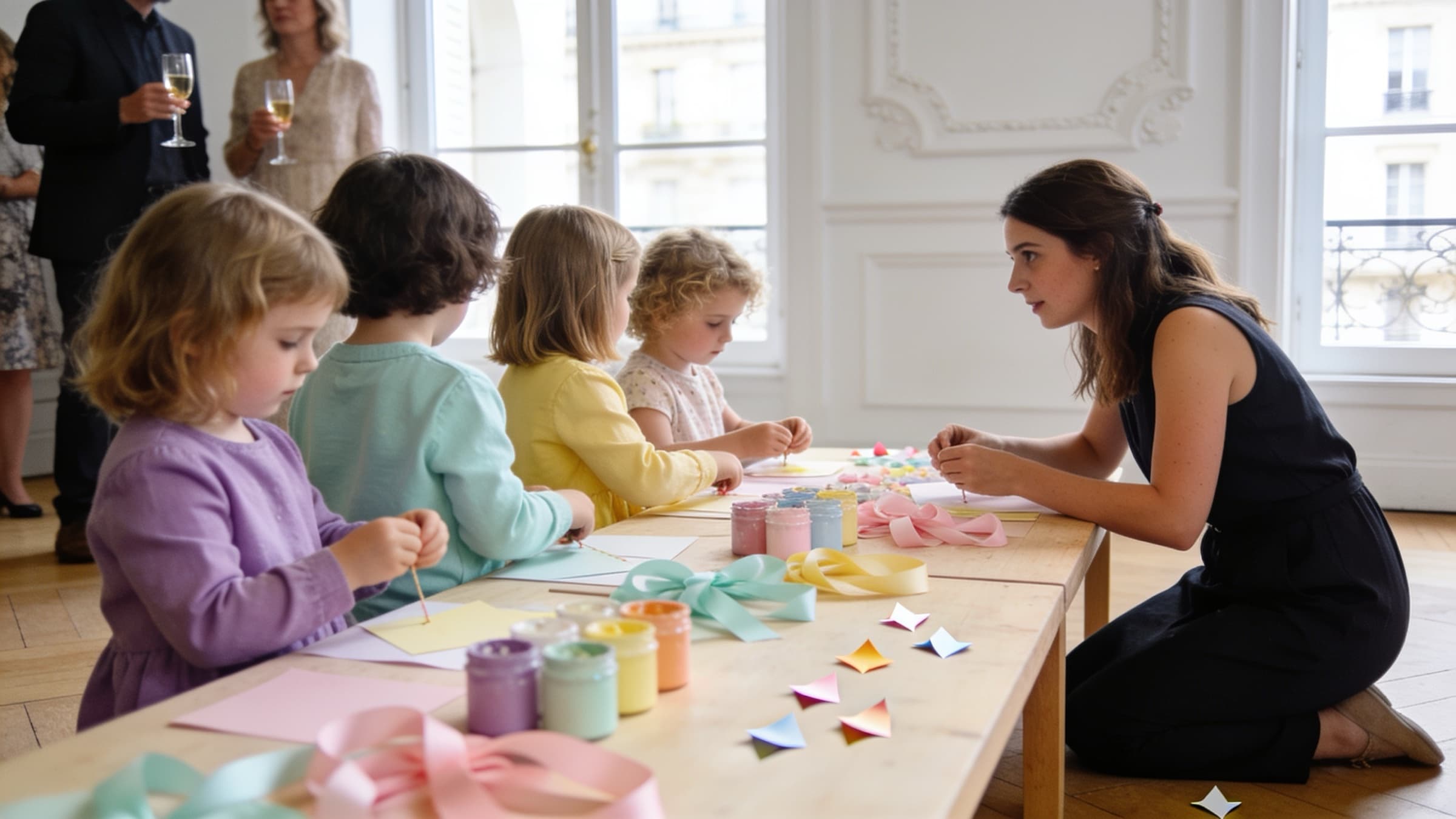 Un coin enfants installé dans un salon de réception parisien : cinq enfants bricolent avec une animatrice pendant que les invités discutent