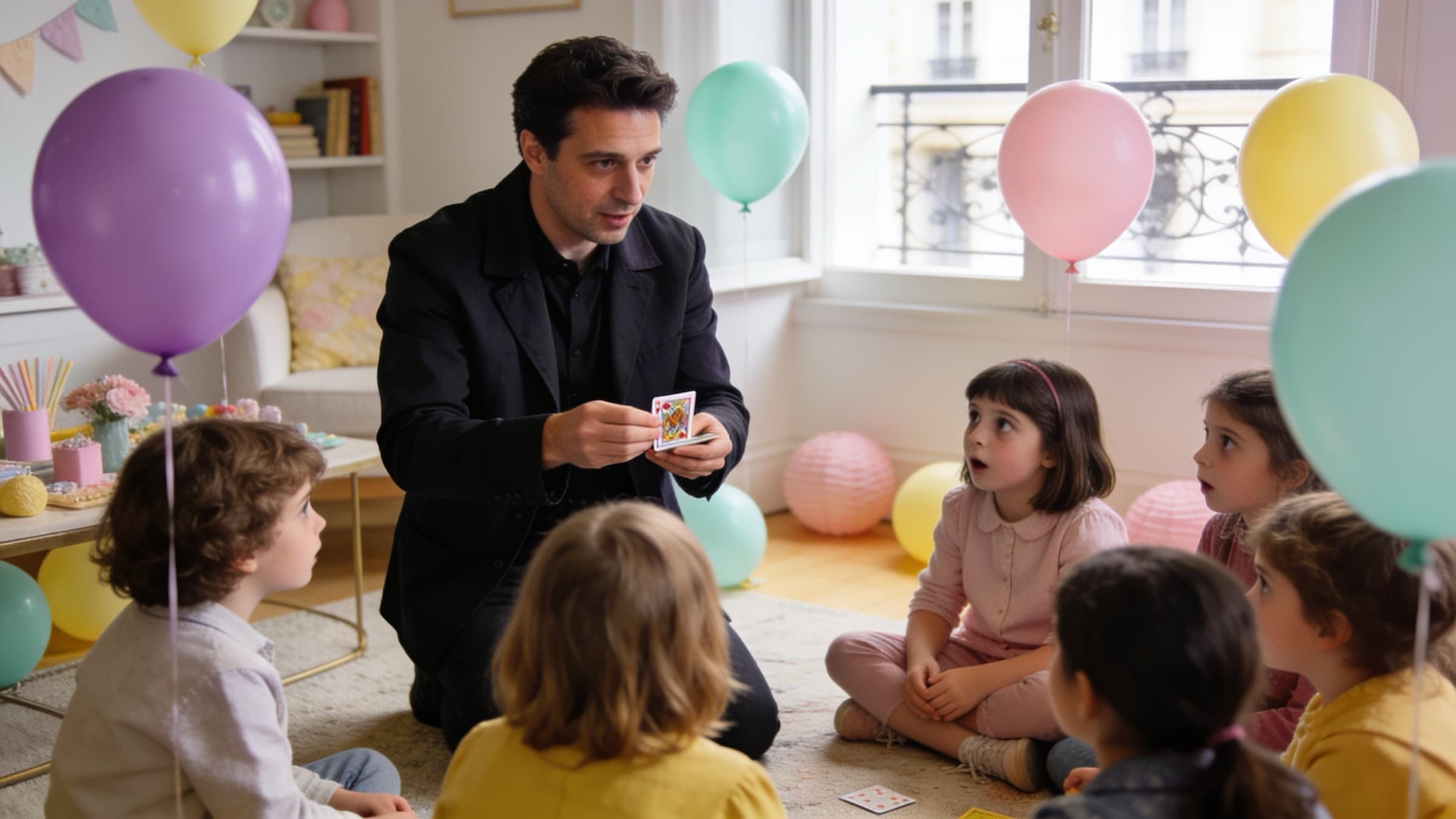 Un magicien montre une carte à des enfants assis en cercle sur le tapis d’un salon, entre des ballons pastel
