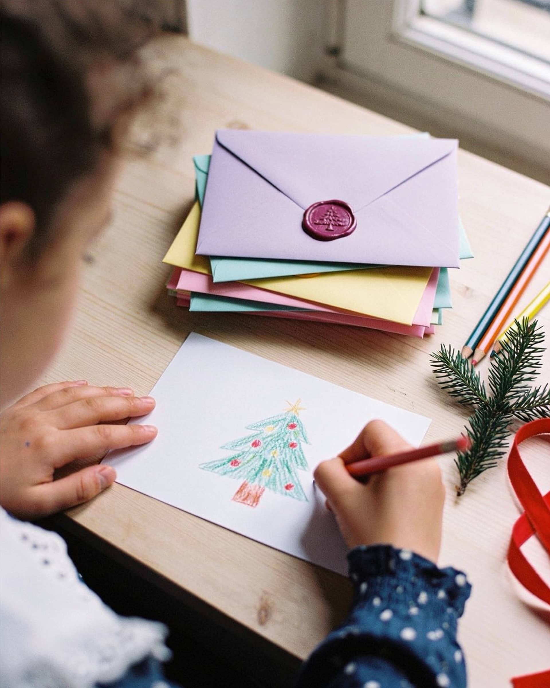 Enveloppes pastel scellées à la cire, une lettre au père Noël dessinée par un enfant et des crayons de couleur