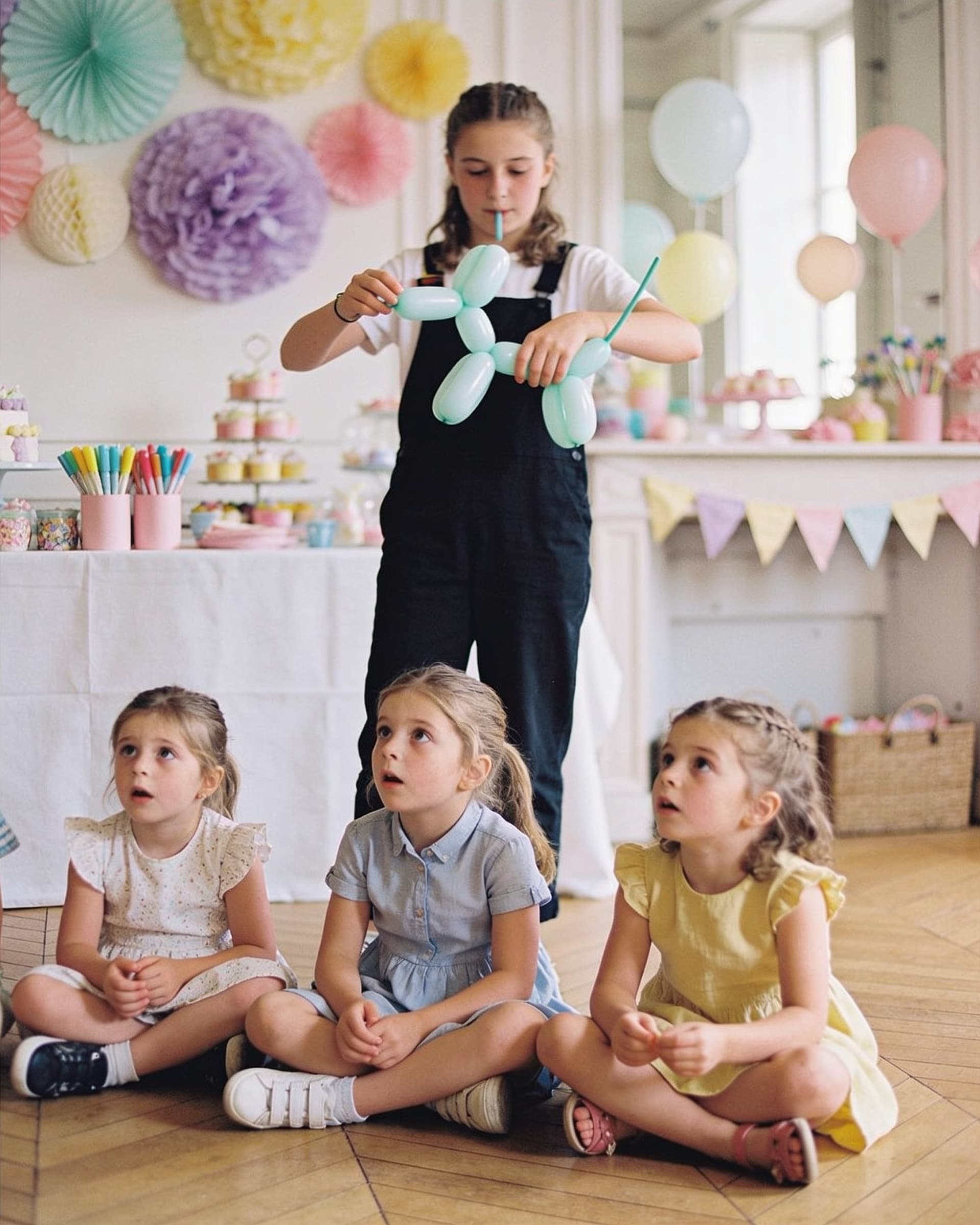 Trois fillettes assises sur le parquet regardent une sculpture sur ballon prendre forme, dans un salon décoré de ballons pastel