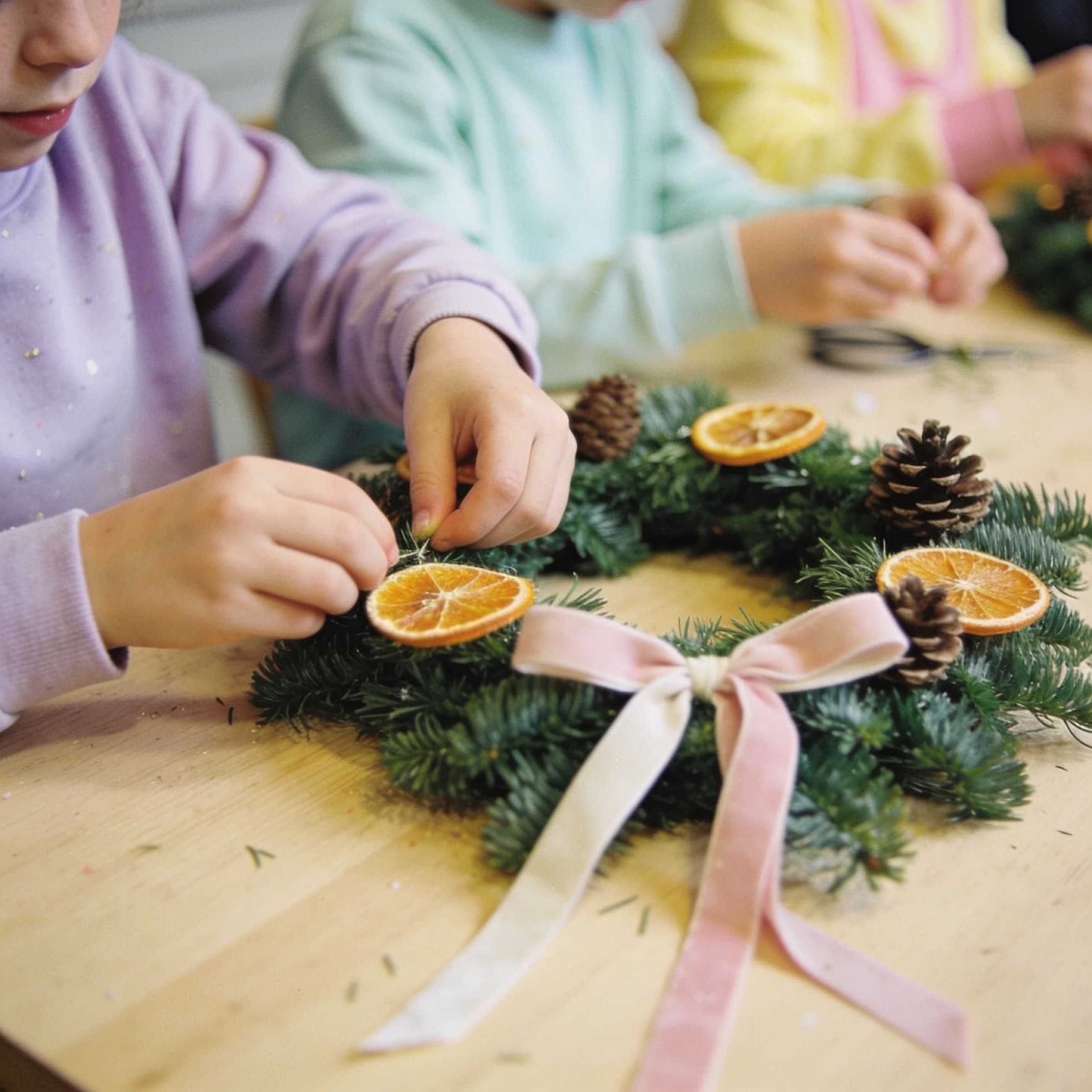 Mains d’enfants assemblant une couronne de sapin, d’oranges séchées et de pommes de pin
