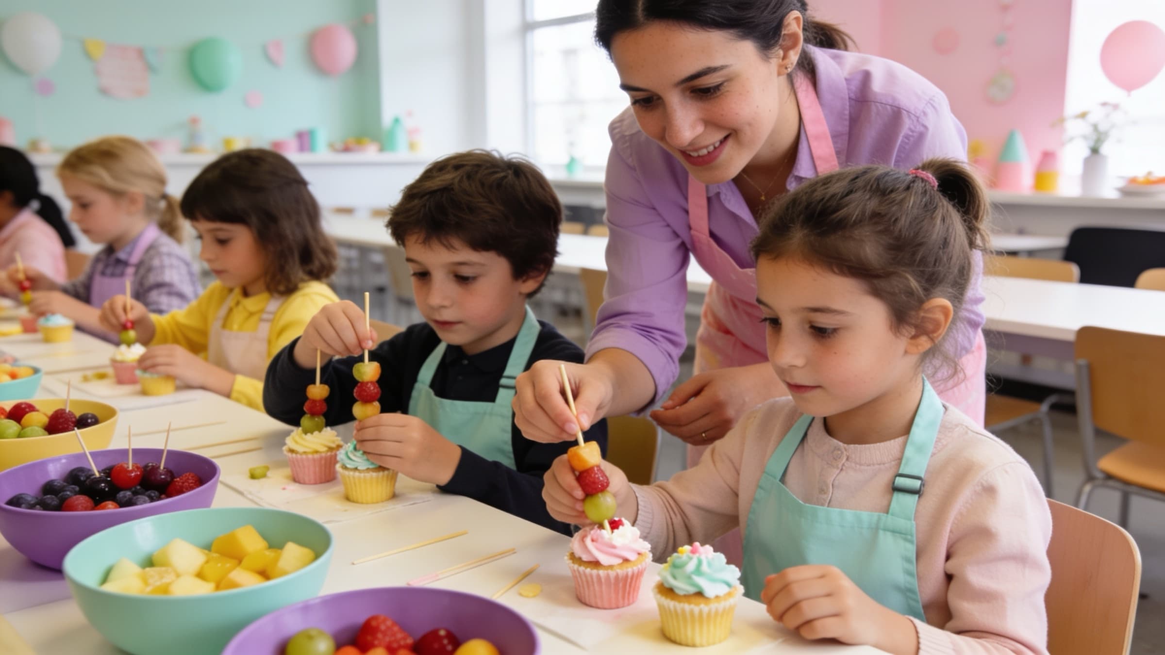 Enfants en tablier décorant des gâteaux