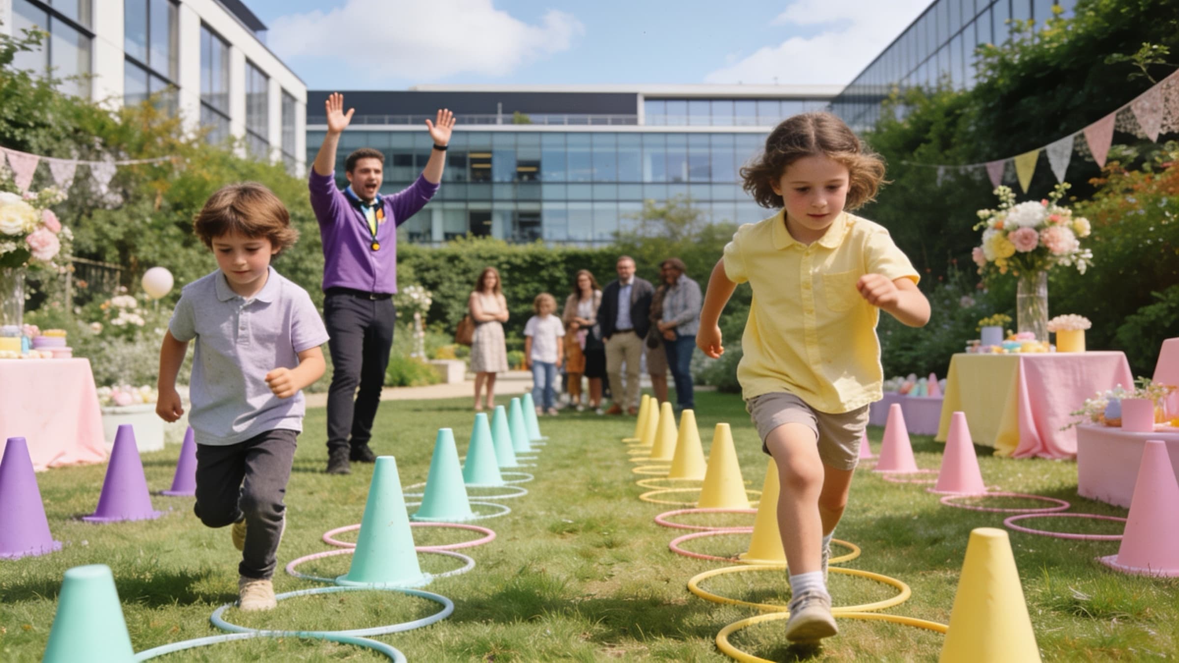 Enfants faisant une course de relais entre des plots pastel sur la pelouse d’un campus