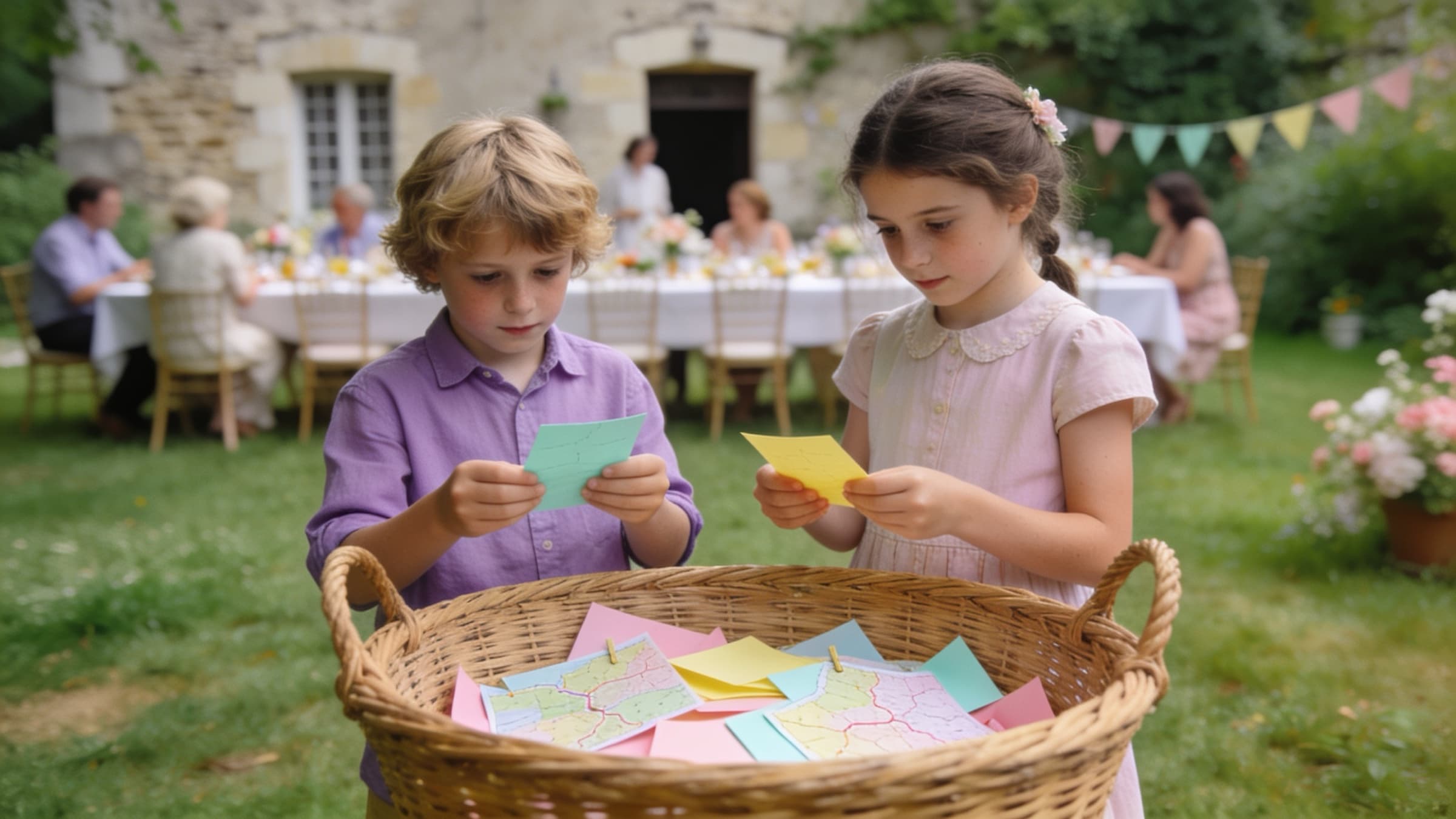 Deux enfants piochent des cartes colorées dans un panier, dans le jardin d’une maison de famille où les invités sont attablés