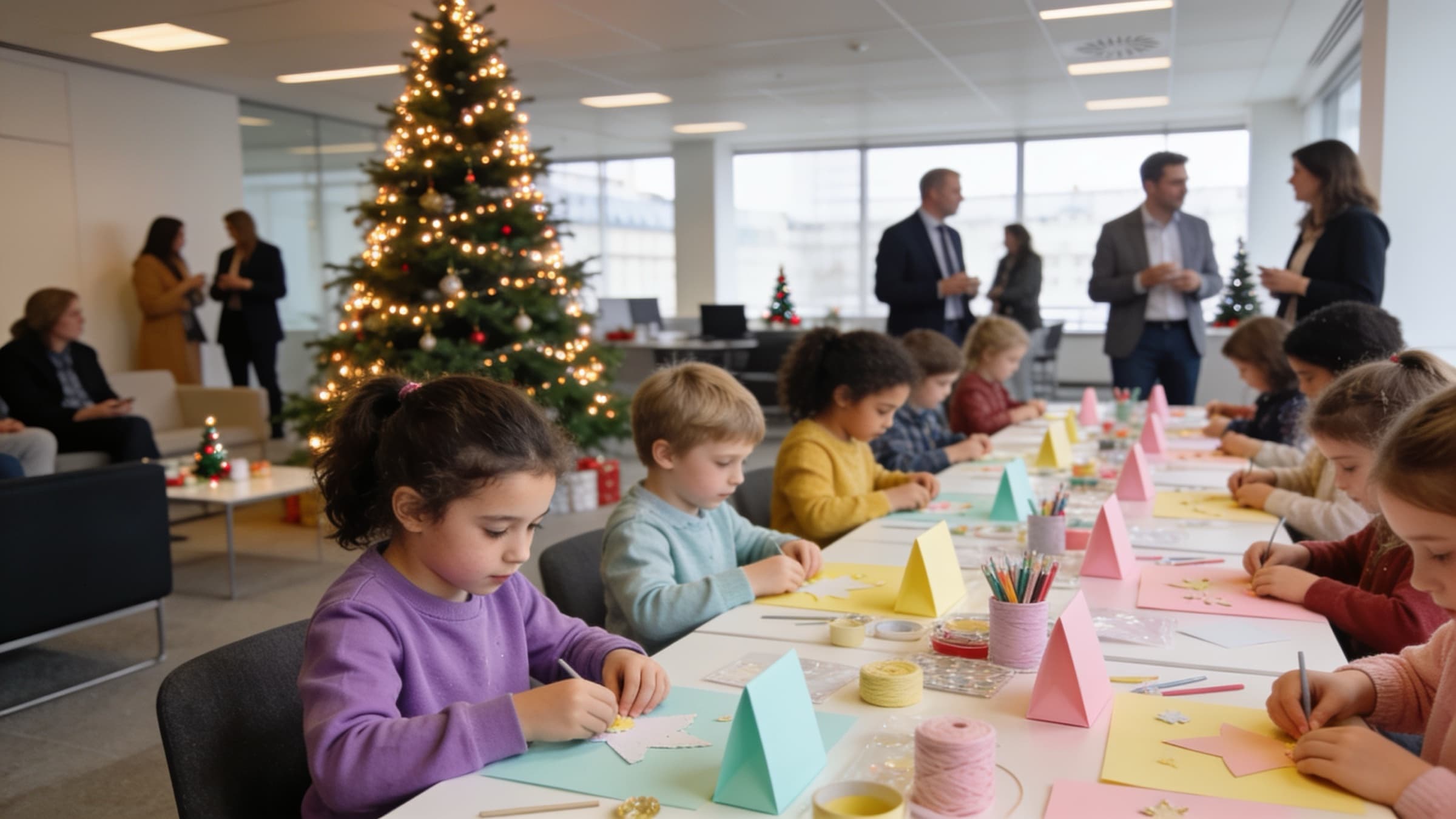 Open space décoré d’un grand sapin illuminé : une longue tablée d’enfants décore des étoiles en papier pastel, pendant que des adultes discutent près des fenêtres