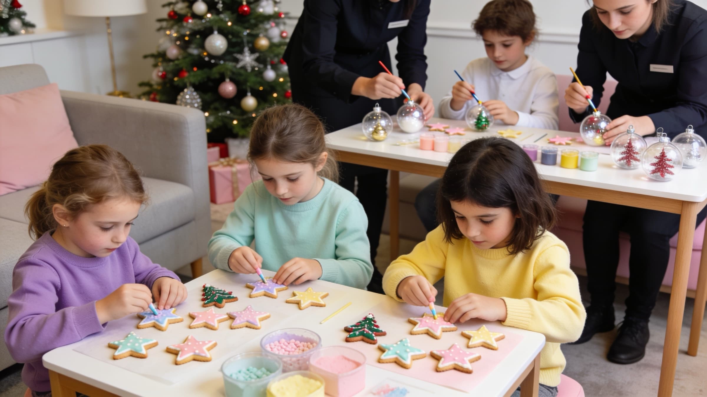 Au premier plan, trois fillettes décorent des biscuits en étoile au glaçage pastel ; derrière, des enfants plus grands peignent des boules de Noël transparentes avec deux animatrices