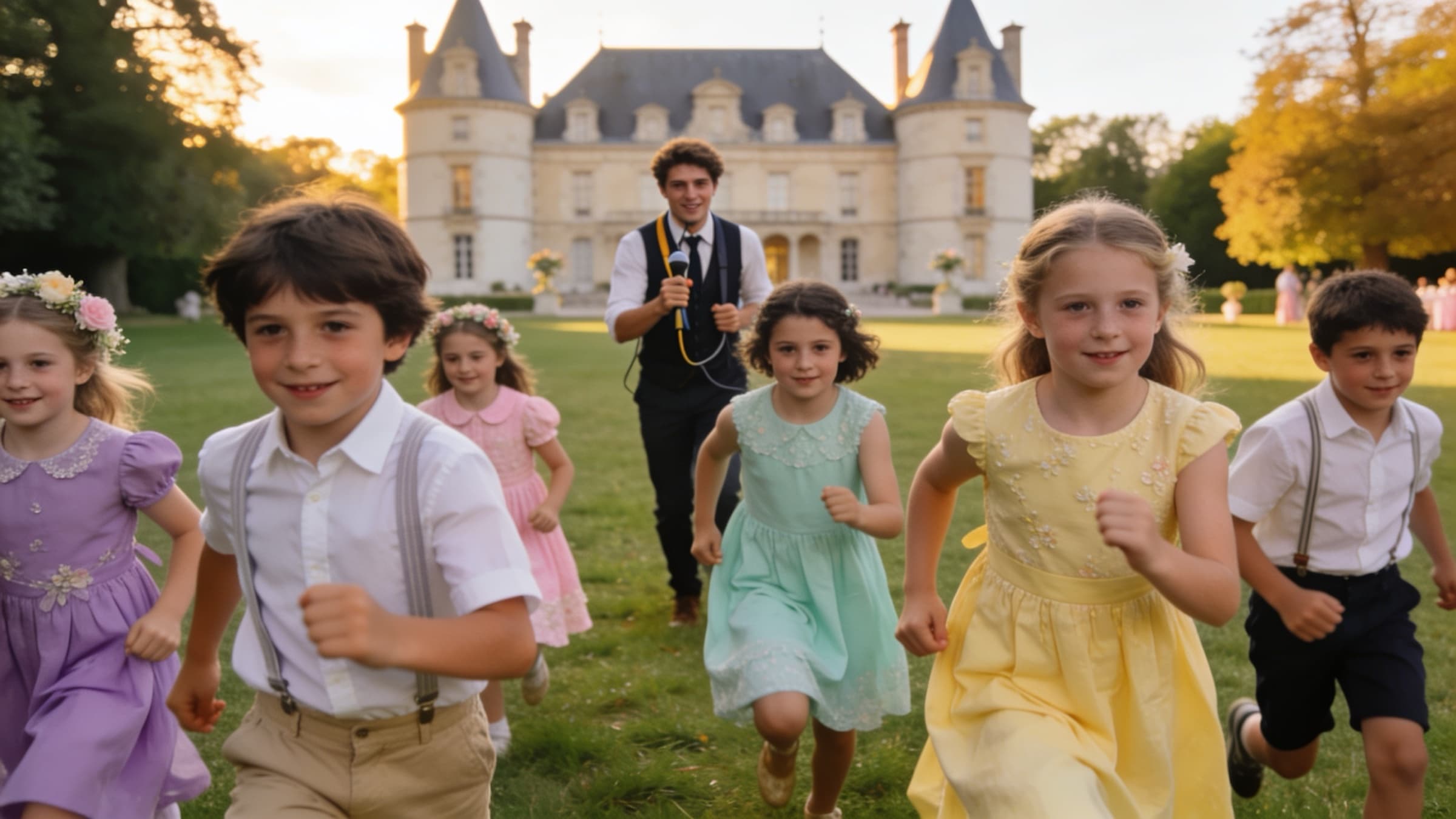 Six enfants en tenue de cérémonie courent sur la pelouse d’un château au soleil couchant, suivis d’un jeune animateur qui tient un micro