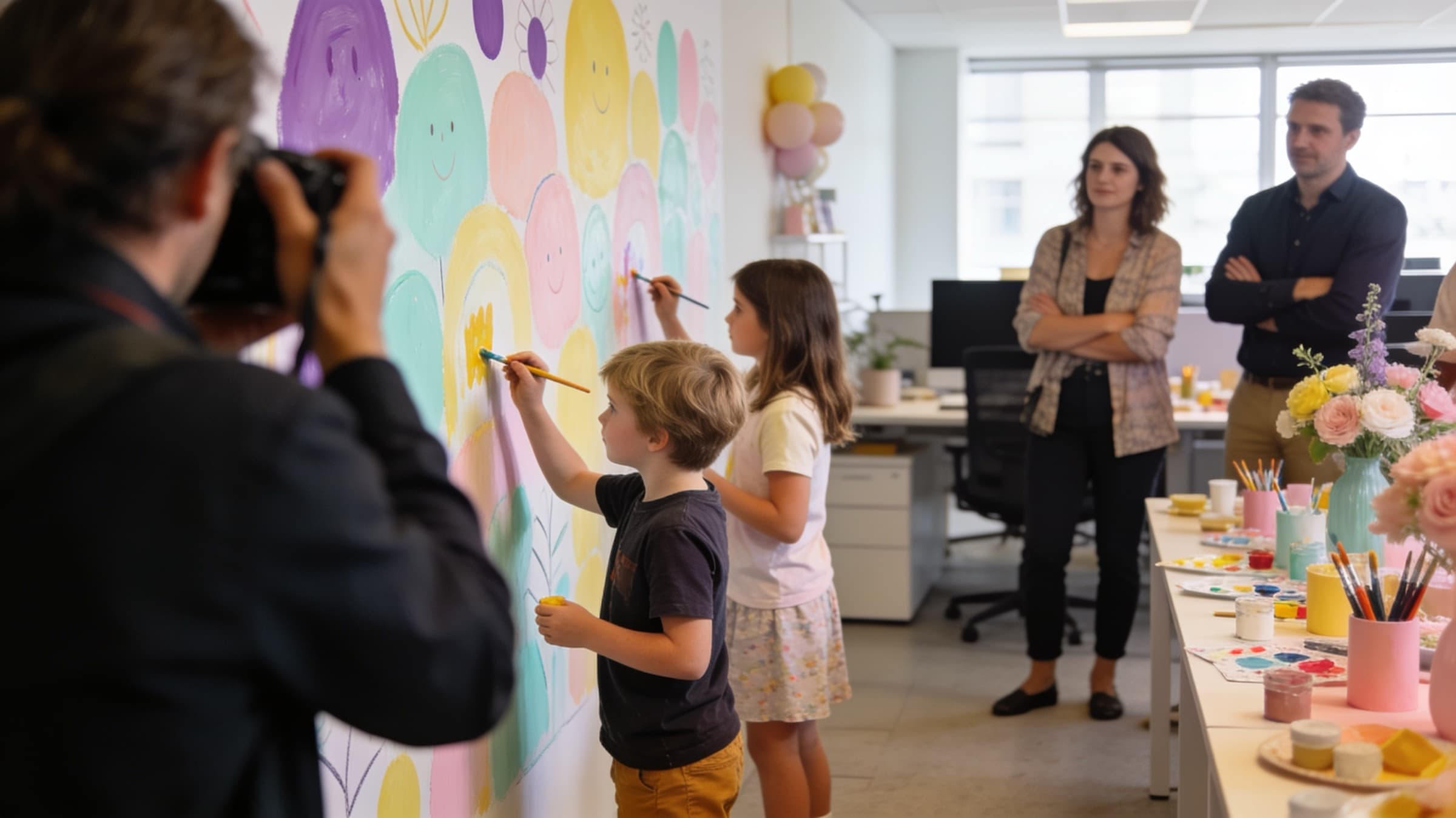 Dans un open space, un photographe au premier plan cadre deux enfants qui peignent une grande fresque pastel au mur, sous le regard de deux adultes