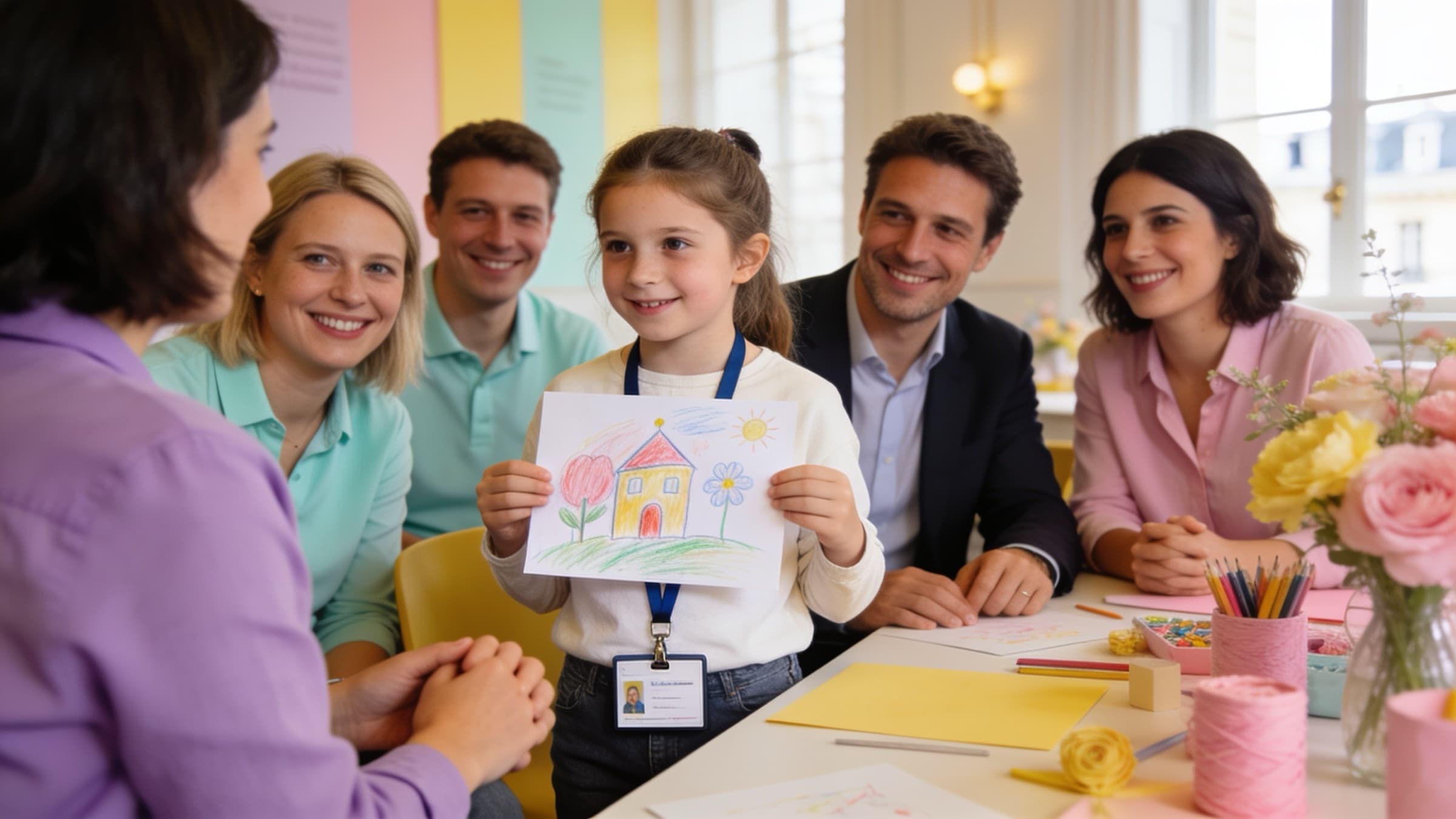 Une fillette portant un badge d’entreprise montre son dessin d’une maison à des adultes souriants, autour d’une table de réunion fleurie