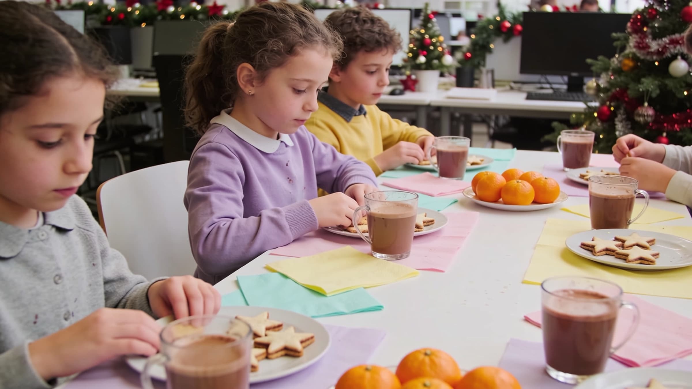 Enfants attablés dans un open space décoré pour Noël, devant des tasses en verre de chocolat chaud, des biscuits en étoile et des clémentines, sur des serviettes pastel