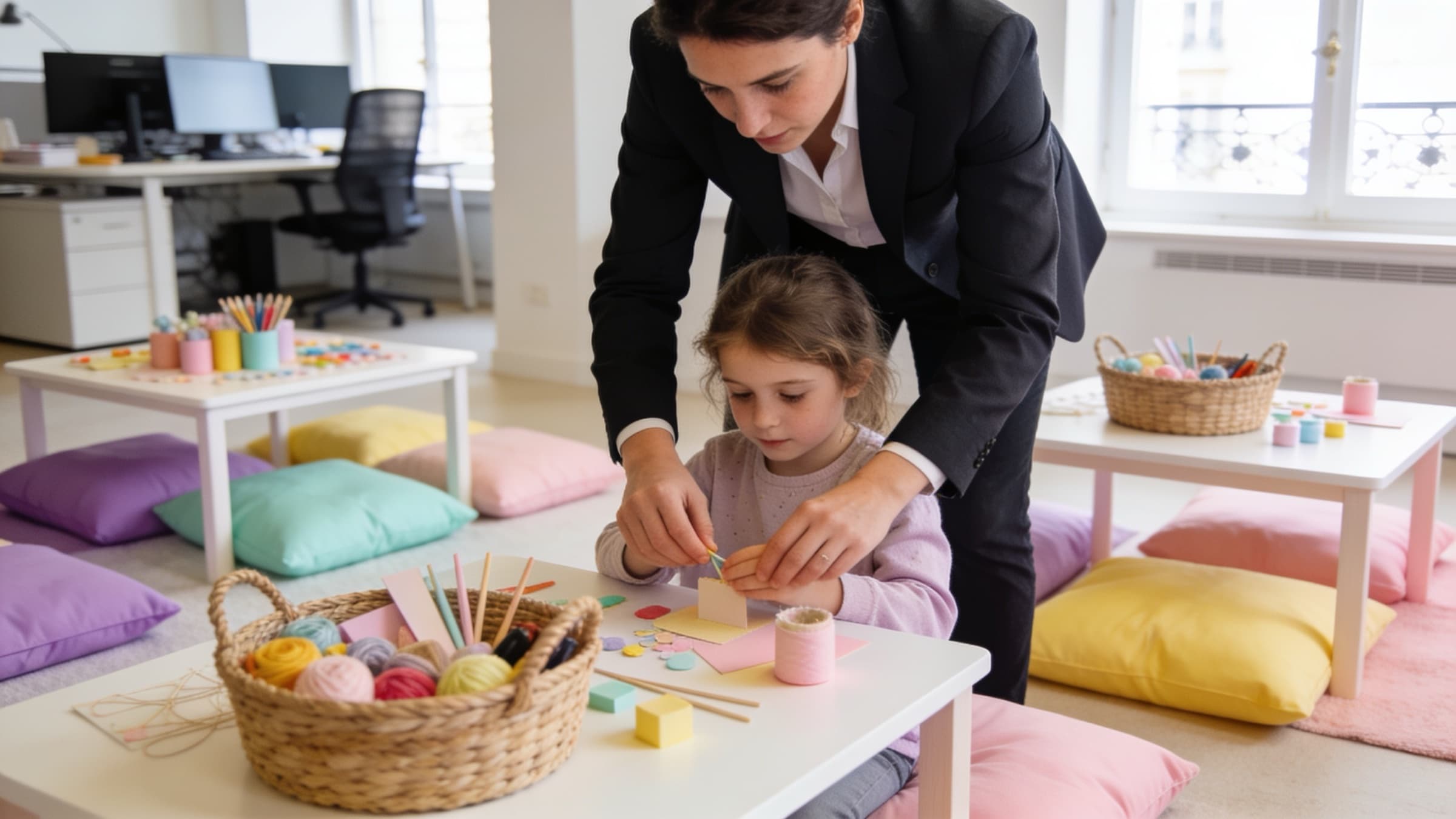 Une femme en tailleur aide une fillette à un bricolage en papier sur une table basse, dans un bureau aménagé avec des coussins pastel et des paniers de fournitures