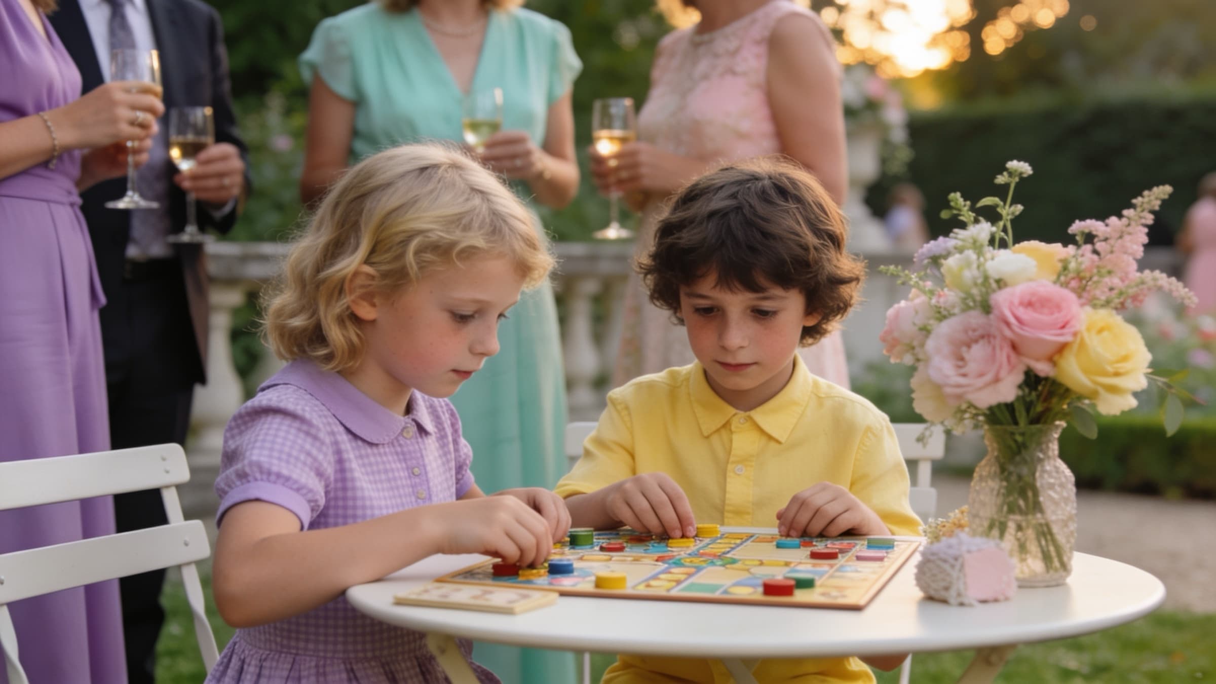 Deux enfants jouent à un jeu de plateau sur une petite table de jardin fleurie, pendant que des invités en tenue pastel discutent derrière eux, une coupe à la main