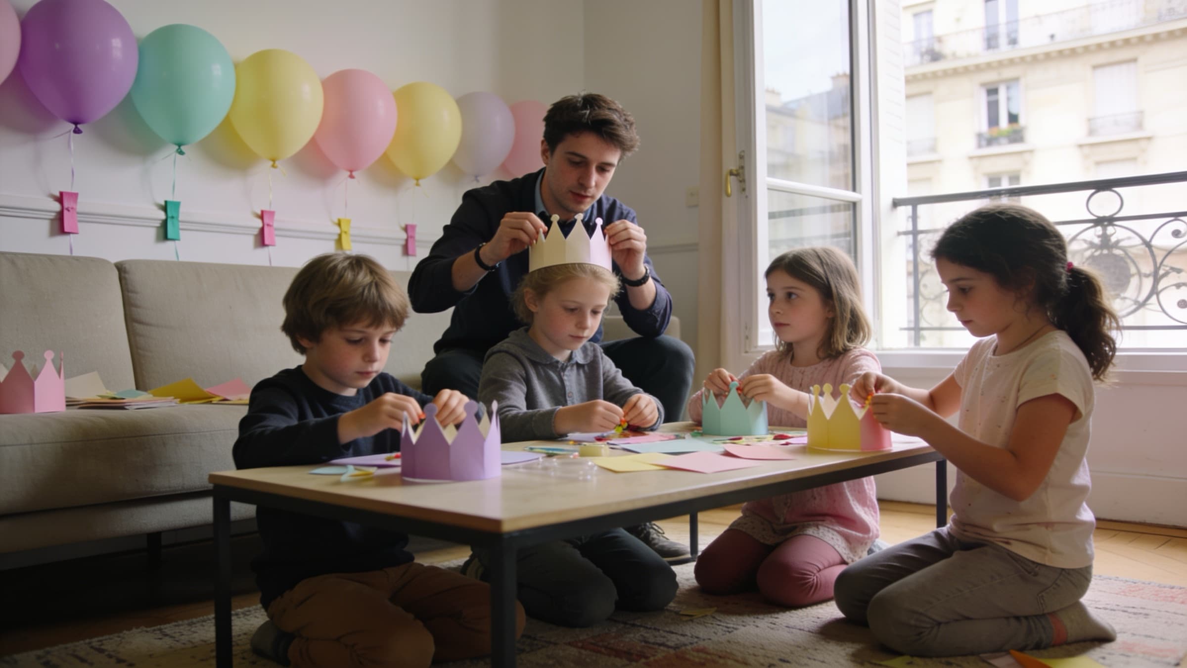 Des enfants assis autour d’une table basse de salon décorent des couronnes en papier, des ballons pastel accrochés au mur derrière eux
