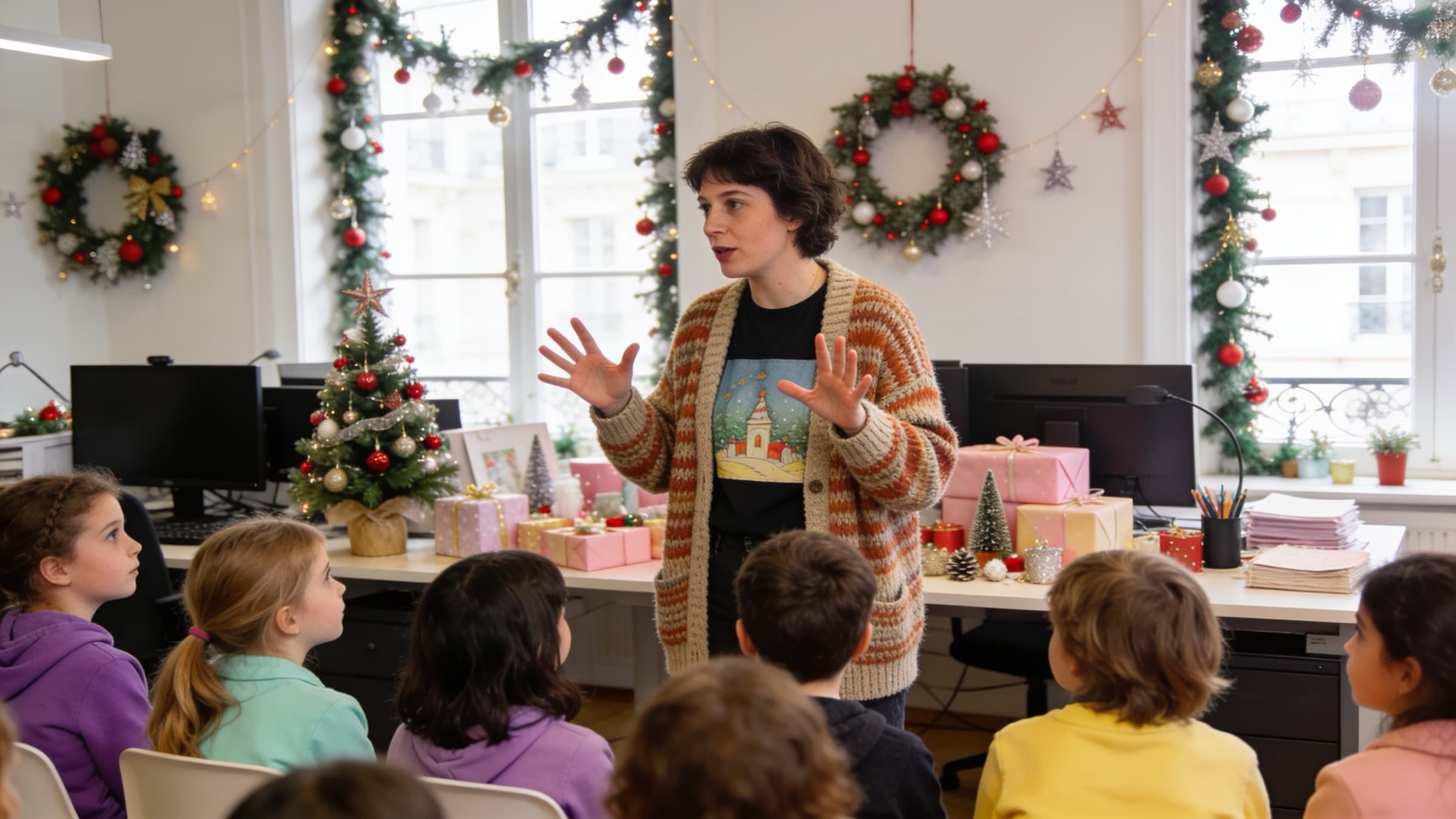 Bureau décoré de couronnes et de guirlandes : une femme en gilet rayé s’adresse, mains ouvertes, à des enfants assis face à elle, devant une table couverte de cadeaux emballés
