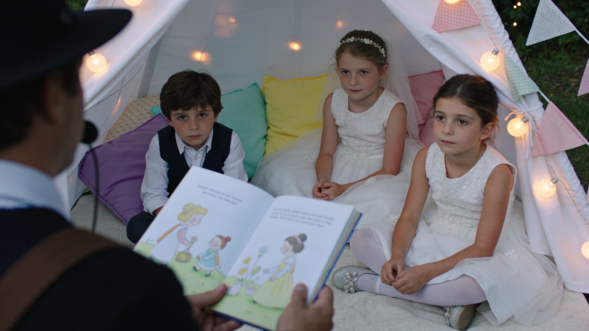 Sous un tipi blanc éclairé de guirlandes, un animateur lit un album illustré à trois enfants en tenue de cérémonie assis sur des coussins pastel, à la tombée du jour