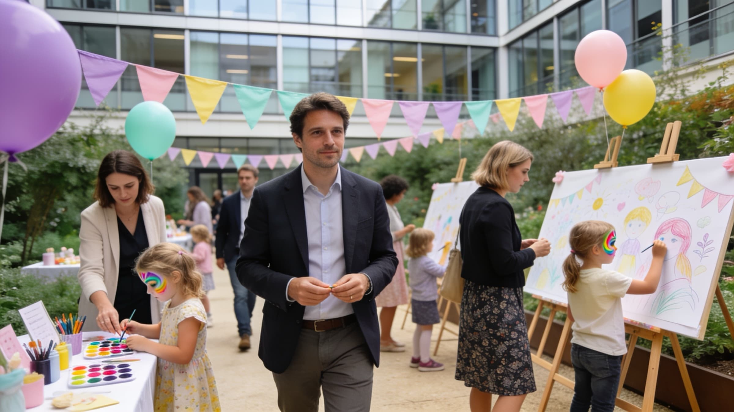 Journée famille dans le jardin d’une entreprise : parents et enfants entre un stand de maquillage et des chevalets de peinture