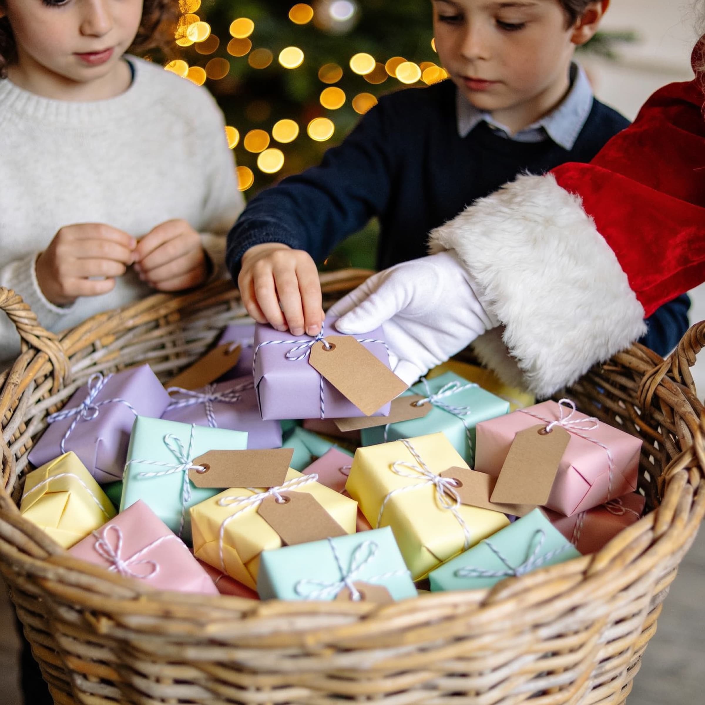 Un panier de petits cadeaux emballés de papier pastel, avec leurs étiquettes, et la manche du père Noël